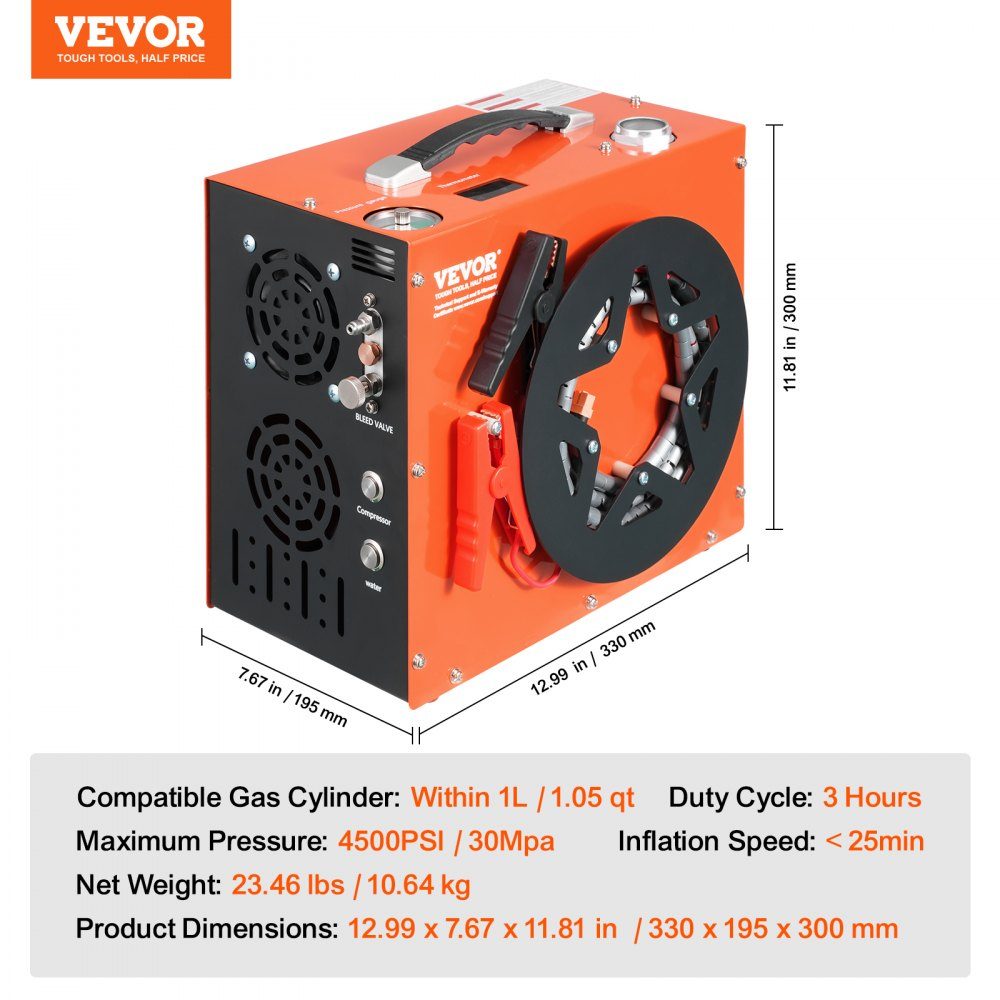 PCP Air Compressor, 4500PSI/30MPa Portable PCP Air Rifle Compressor - Integrated Water and Fan Cooling System, Auto-Stop DC12V/AC230V Paintball Tank Compressor for Air Rifle, Diving Bottle