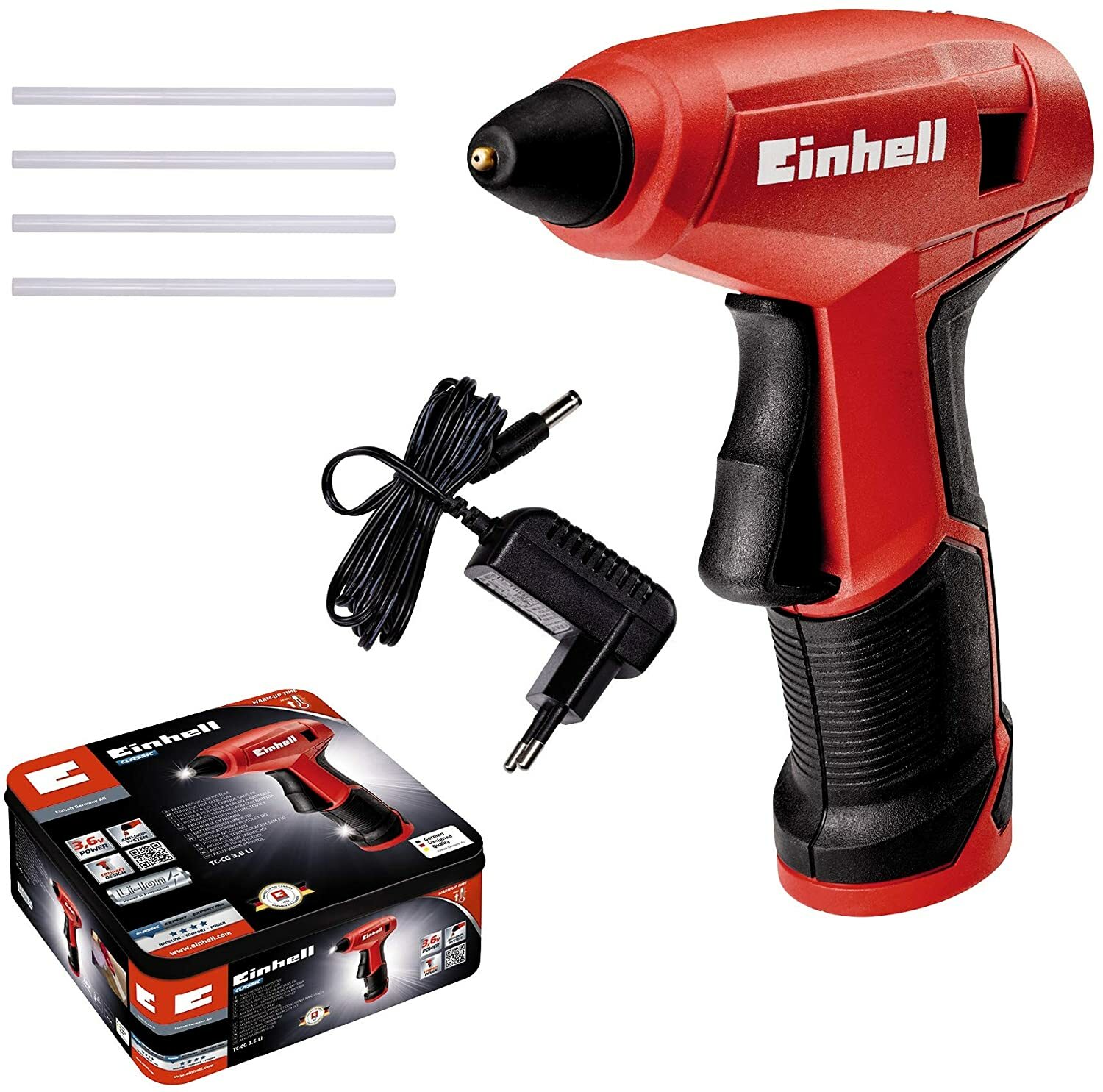 Einhell cordless hot glue gun TC-CG 3.6 Li (lithium ions, anti-drip system, 15 seconds heating time, incl. metal box, charger and 4 hot glue sticks) Einhell cordless hot glue gun TC-CG 3.6 Li (lithium ions, anti-drip system, 15 seconds heating time, incl. metal box, charger and 4 hot glue sticks)