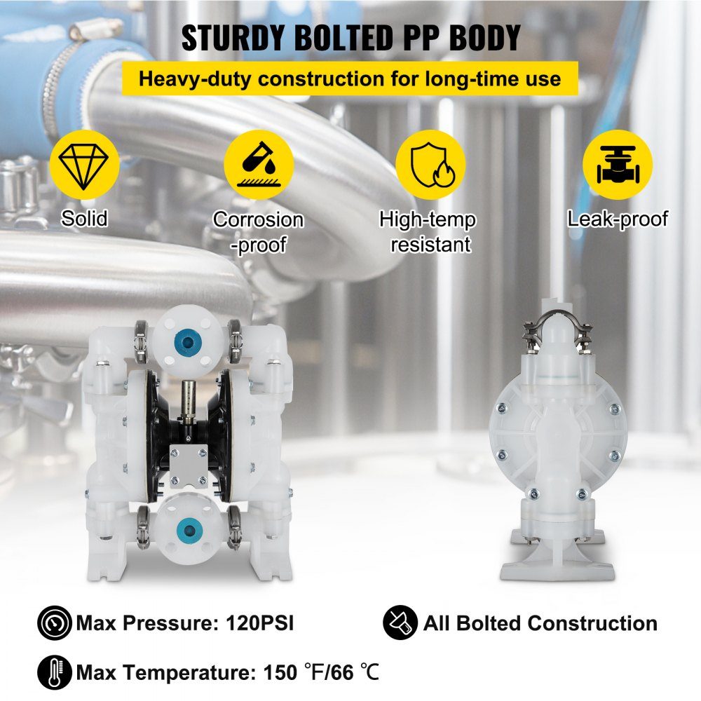 Pneumatyczna pompa z podwójną membraną, wlot/wylot 2,54 cm / 25 mm, polipropylen 136 l/min, max. 7 barów / 100 psi do zastosowań chemicznych i przemysłowych