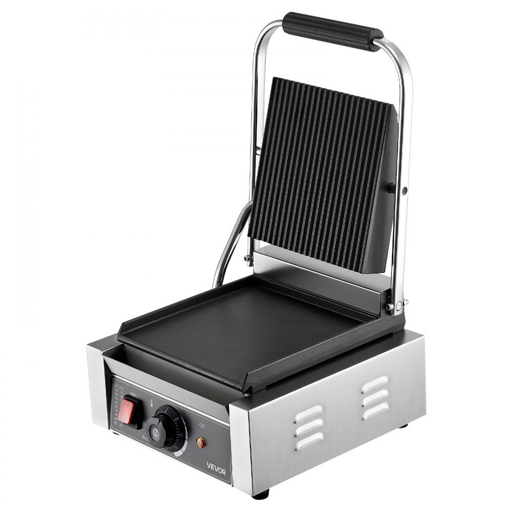 Komercyjny grill kontaktowy 1800 W Grill elektryczny Opiekacz do kanapek Prasa Panini ze stali nierdzewnej z uchwytem i regulacją temperatury, płaska emaliowana płyta 22 x 23 cm (pojedyncza) do steku z bekonem i hamburgerem