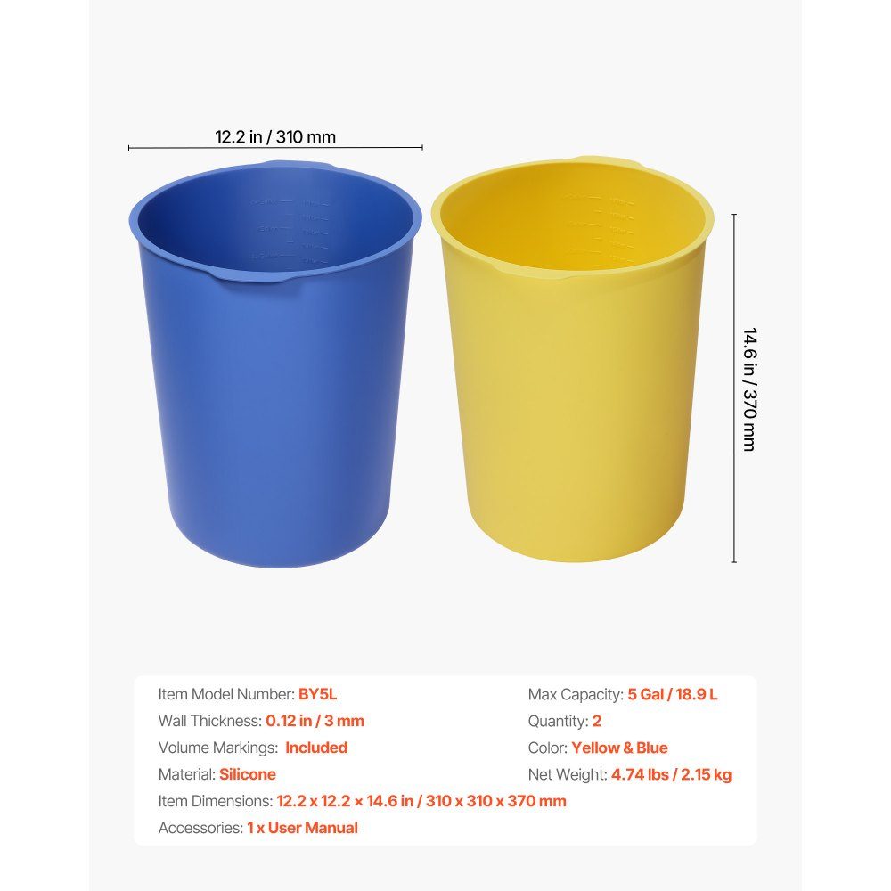 Emmervoering 6L Siliconen betonmenger Emmervoering Herbruikbaar voor het mengen van dunne mortel, verf, beton en epoxyhars Emmervoering Voedselkwaliteit 2-pack Blauw Geel
