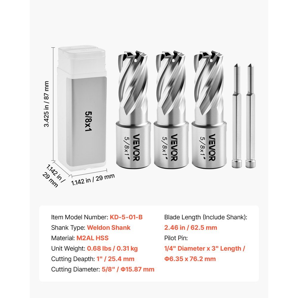 HSS core drill Weldon shaft 5 pieces. Magnetic drill 15.9 mm cutting diameter, 3 drill bits with 2 centering pins, 25.4 mm cutting depth, 3 plastic boxes, for magnetic drills, steel, aluminum