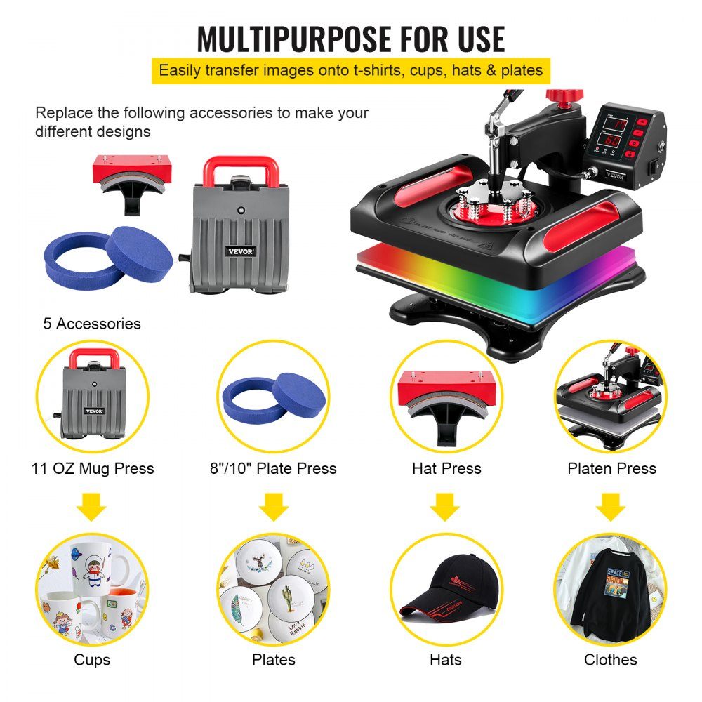 5 in 1 Heat Press 29x38cm T-Shirt Printing Machine 1000W Heat Press Textile Press Red Heat Press 360 Degree Swivel with Digital LED Temperature and Time Control
