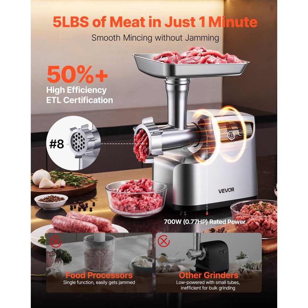 Fleischwolf, 2,3 kg/min Kapazität, elektrischer Fleischwolf #8 mit 3 Lochscheiben, 3 Wurstfüllrohren & Kubbe-Set, 700 W 2-in1 Küchenmaschine für die heimische Küche