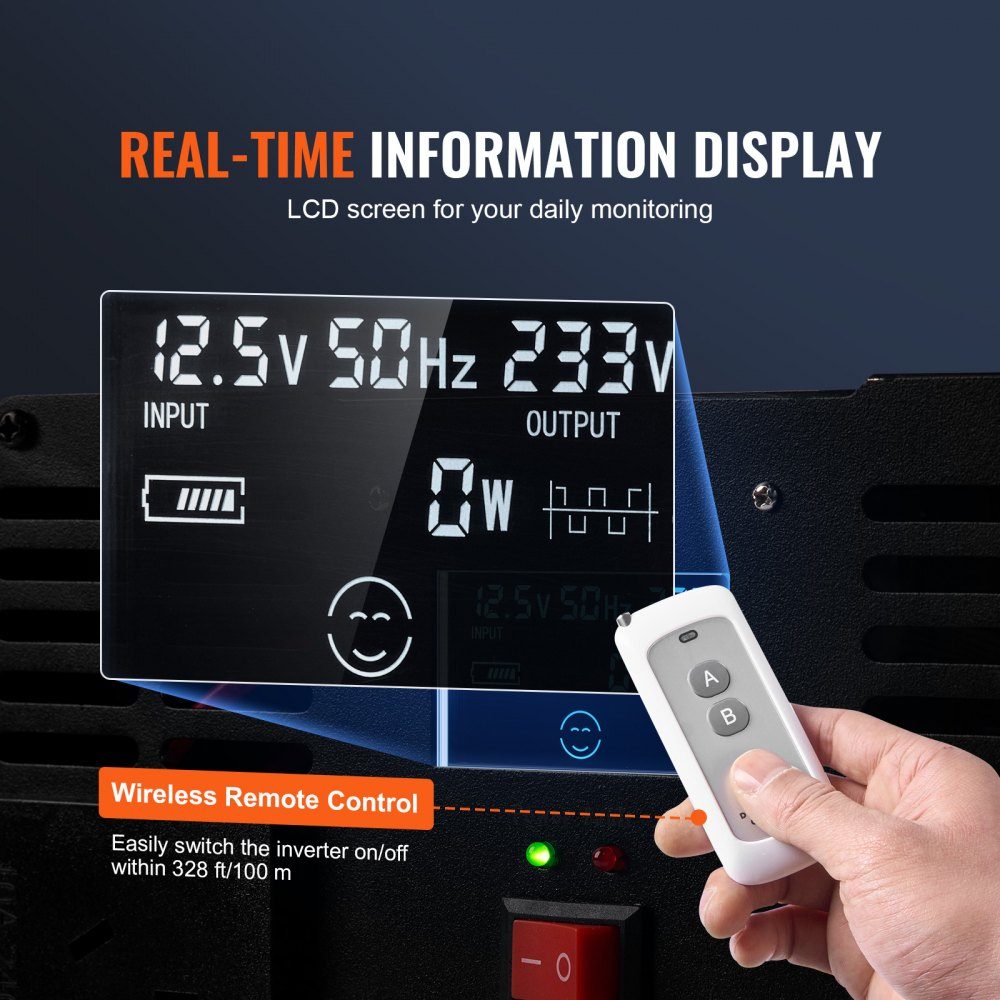Falownik sinusoidalny 5000W Falownik DC 12V na AC 230V z 2 gniazdami AC, 2 portami USB, 1 portem typu C, wyświetlaczem LCD i pilotem do ciężkich urządzeń gospodarstwa domowego