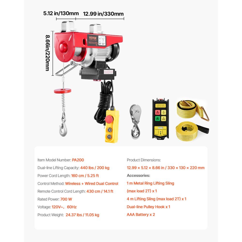 Elektrische lier, motorlier van 200 kg met 100 m draadloze en 4,2 m bedrade afstandsbediening, 12 m hefhoogte met enkele kabel, enkele/dubbele stroppen, takel voor garage, magazijn, fabriek