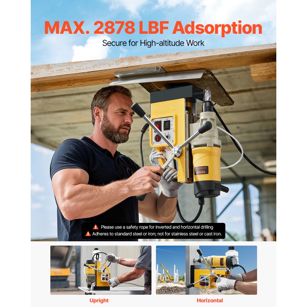 Perceuse magnétique 1400 W φ50 mm, 12800 N, perceuse magnétique électrique portable avec 6 carottiers, perceuse 650 tr/min pour l'industrie des surfaces métalliques, bricolage, jaune