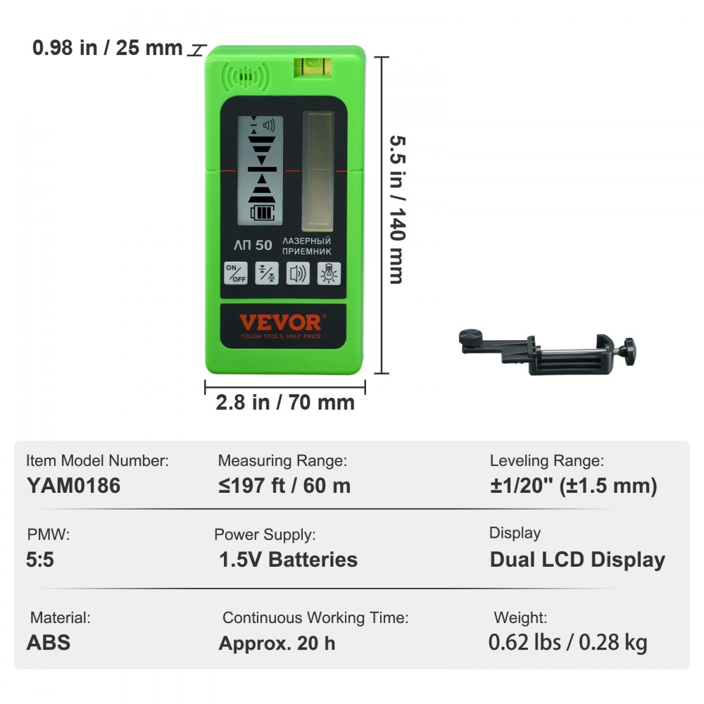 Professioneller Laserempfänger, 60 m Reichweite, Laserdetektor für Puls-Kreuzlinienlaser, ±1,5 mm Nivellierbereich, 1,5-V-Batterien, 20 Stunden Betriebszeit, doppeltes LCD-Display mit Hintergrundbeleuchtung Professioneller Laserempfänger, 60 m Reichweite, Laserdetektor für Puls-Kreuzlinienlaser, ±1,5 mm Nivellierbereich, 1,5-V-Batterien, 20 Stunden Betriebszeit, doppeltes LCD-Display mit Hintergrundbeleuchtung