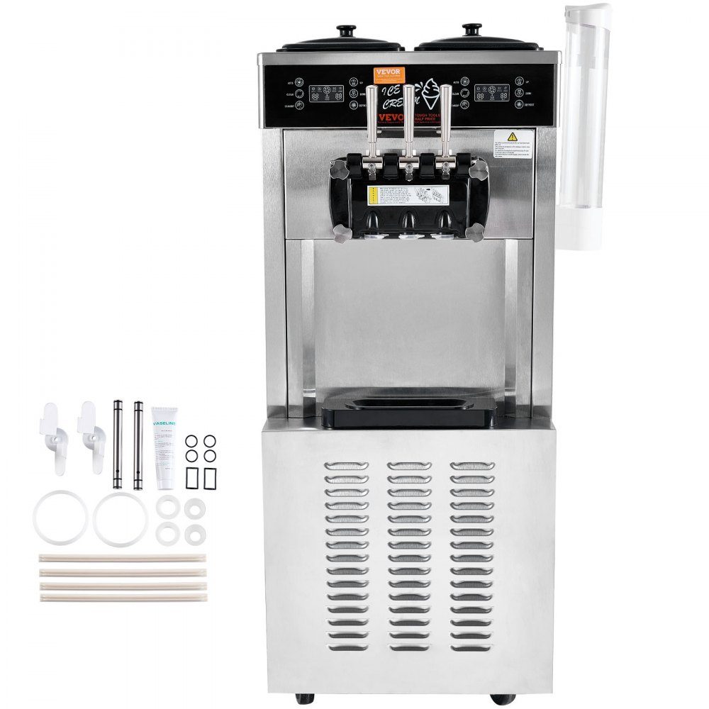 Komercyjna maszyna do lodów, wydajność 34-44 L/h, 1850 W, wolnostojąca maszyna do lodów miękkich w 3 smakach, 2 pojemniki ze stali nierdzewnej o pojemności 9 l, panel LED, obsługa jednocylindrowa i chłodzenie nocne