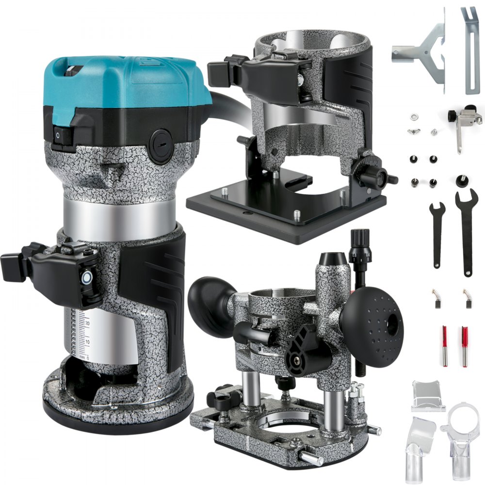 One-hand wood router 710 W, electric hand wood router 33000 rpm, fixed base, tilt base, diving base, 3 collets, cutter 6.35 / 8 mm incl., curve guide, edge router One-hand wood router 710 W, electric hand wood router 33000 rpm, fixed base, tilt base, diving base, 3 collets, cutter 6.35 / 8 mm incl., curve guide, edge router