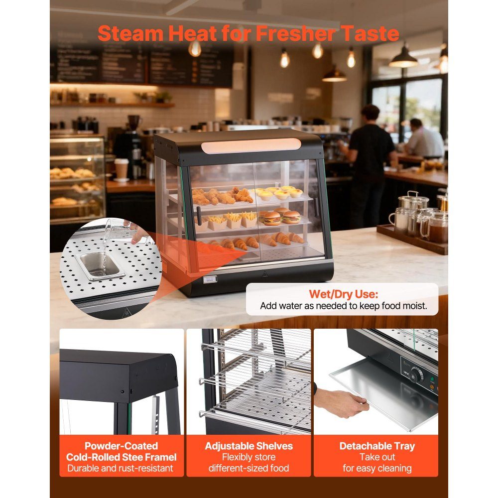 Table chauffante à 3 étages 100 L, vitrine chauffante 1200 W, table chauffante 30-85 °C, chauffe-plats avec éclairage LED et étagères réglables, vitrine alimentaire pour hamburgers, pizza, pain, poulet rôti