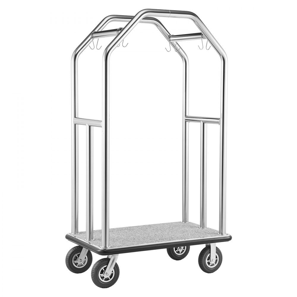Roestvrijstalen hotelbagagewagen 1500 pond zware bagagewagen met 8 "rubberen wielen Hotelwagen met grijze tapijtvloer en kapstok Commerciële bagagewagen voor hotelsresorts Zilver – Artikelnr. HT-23177