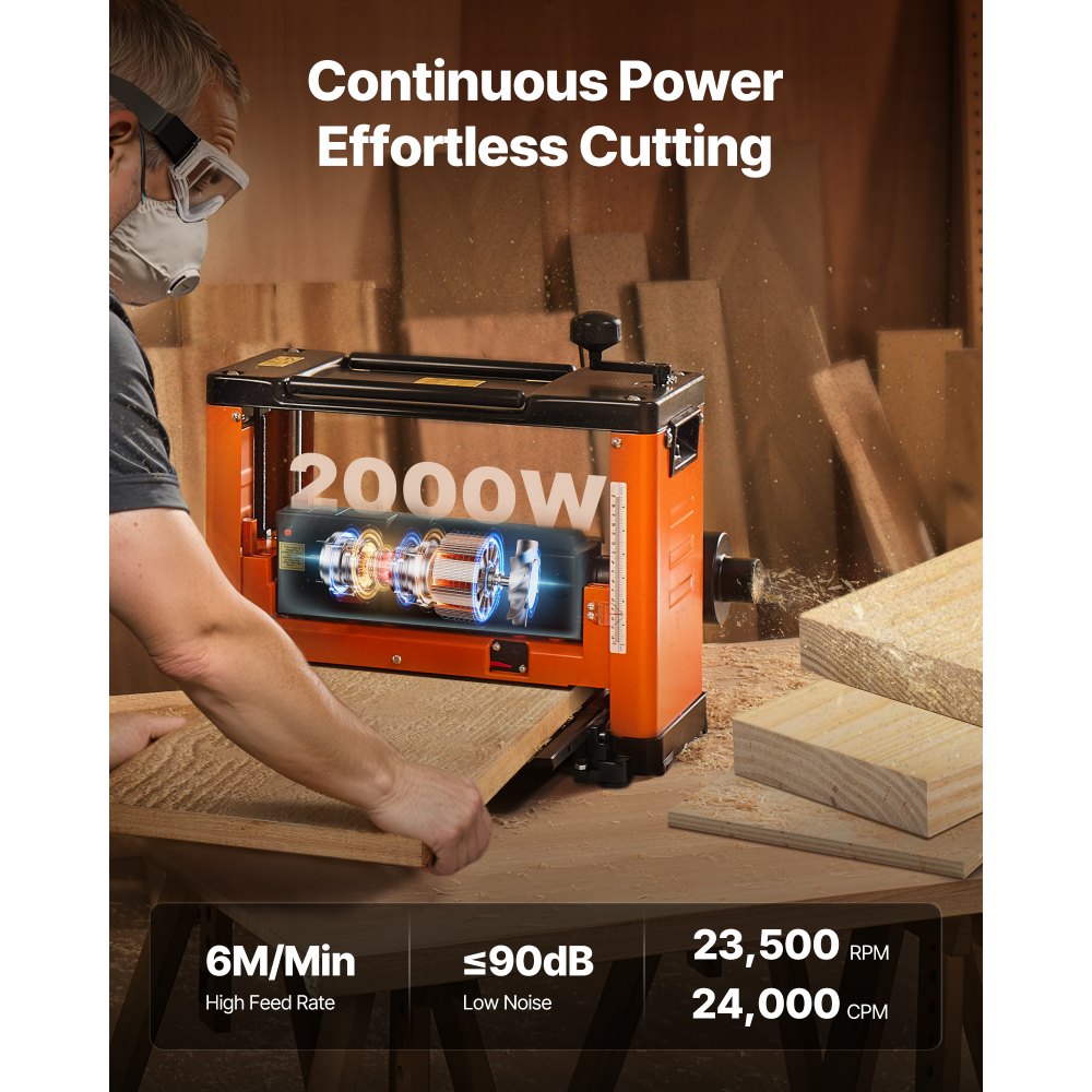 Raboteuse, Trèfle, Table de travail 330 mm, Raboteuse, 2 kW, Vitesse moteur 23 500 tr/min, Rouleaux doubles, Protection contre le renversement, Travail du bois à vitesse unique, pour bois durs et résineux Raboteuse, Trèfle, Table de travail 330 mm, Raboteuse, 2 kW, Vitesse moteur 23 500 tr/min, Rouleaux doubles, Protection contre le renversement, Travail du bois à vitesse unique, pour bois durs et résineux