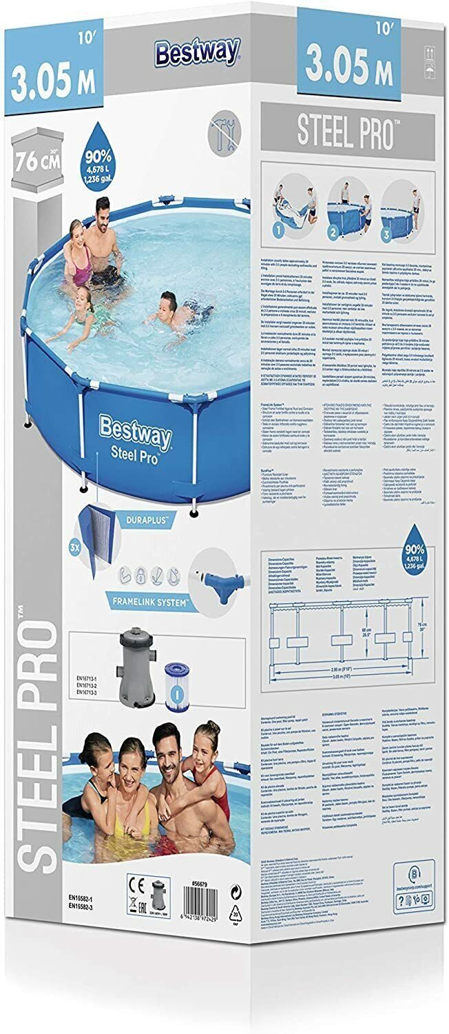 #TAGESDEAL# Bestway Steel Pro Frame Pool 305 x 76 cm mit Pumpe rund blau XXXL Starterset