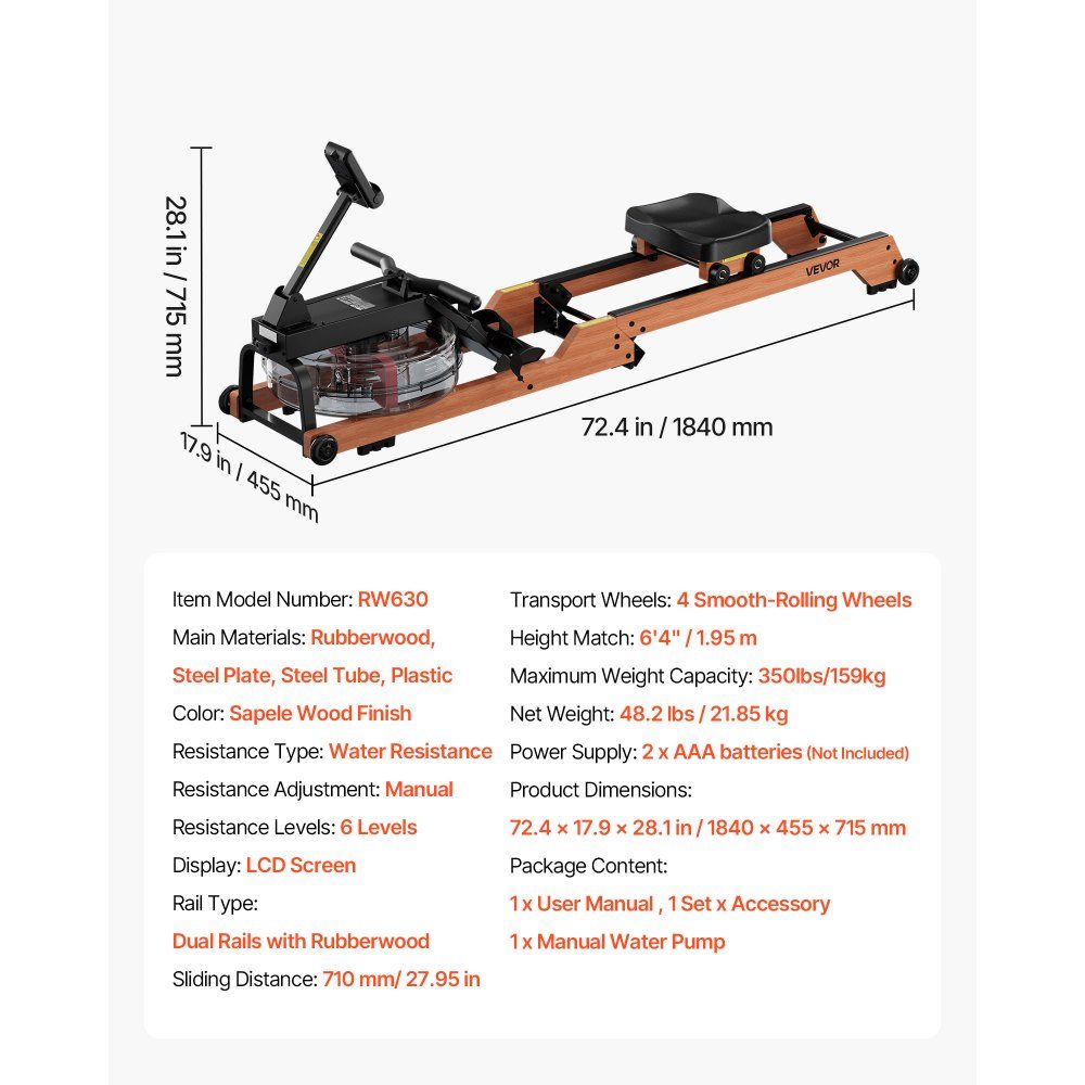 Rowing Machine 6 Level Quiet Resistance, Foldable Wooden Water Rowing Machine mit 14-l-Wassertank and LCD Monitor, Bluetooth App Compatible, 158kg Weight Capacity, Immersive Rowing Machine