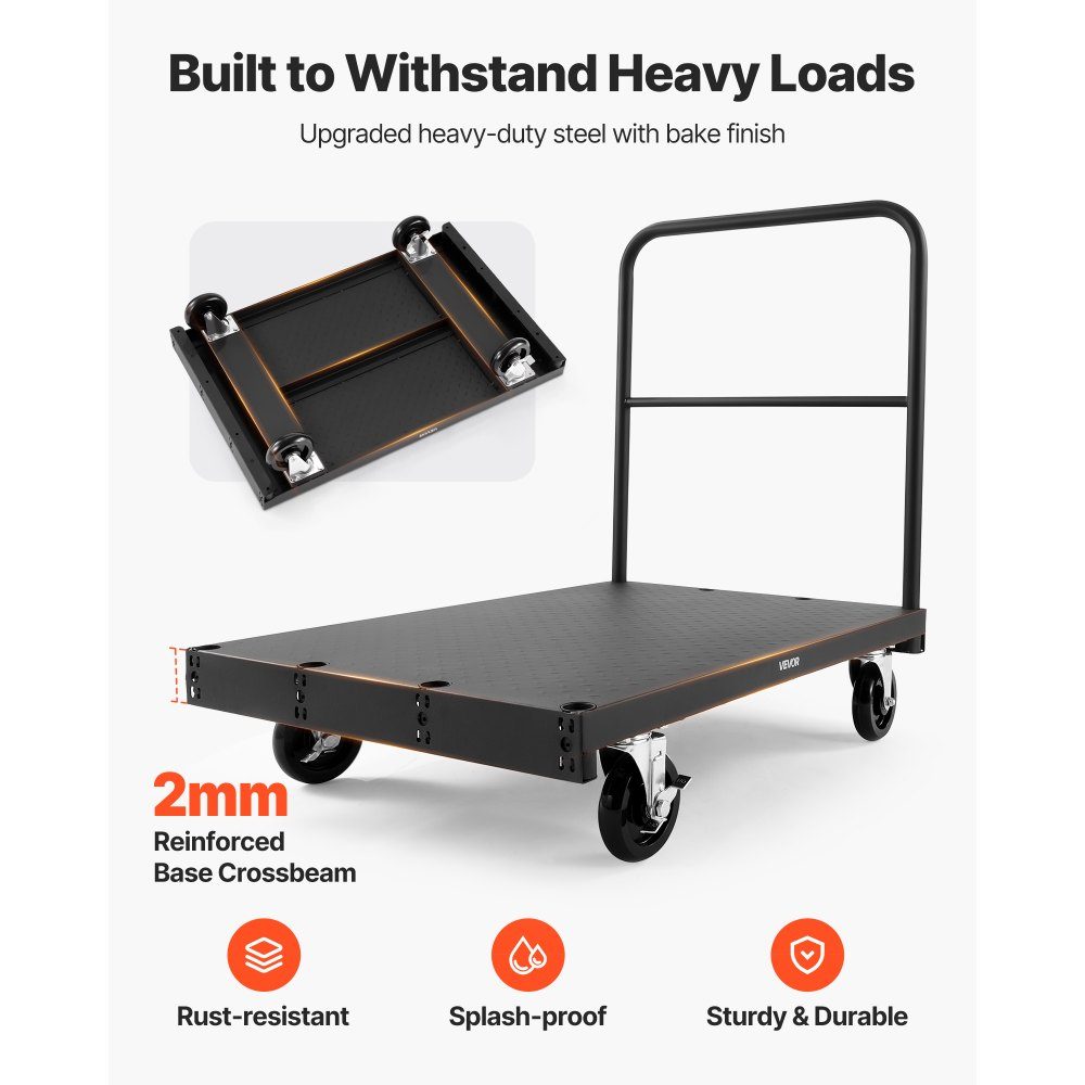 Plattenwagen, 816 kg Tragkraft, 2-in-1 Rollwagen mit 360° Lenkrollen, 914x610 mm Plattformwagen mit 3 seitlichen Handläufen, Transporthilfe für Fabrik, Lager, Garage, Schwarz