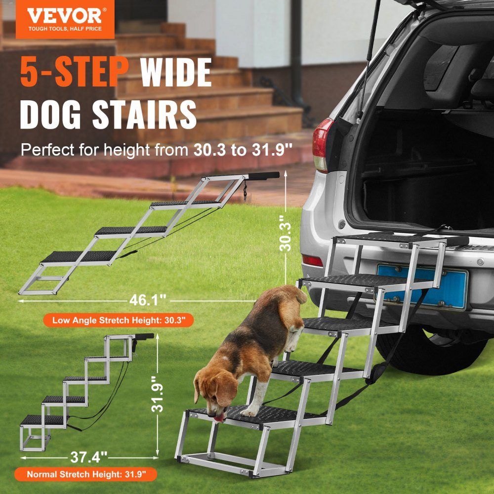 Dog Stairs for Cars, Wide 5 Step Dog Car Stairs, Folding Dog Car Ramp with Non-Slip Surface, Portable Lightweight Aluminum Pet Stairs for Car, SUV and Truck, Supports up to 68kg