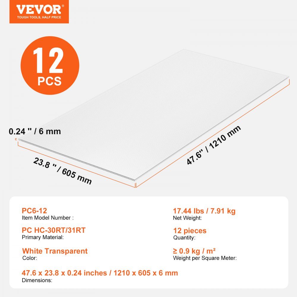 Set van 12 polycarbonaat kaspanelen 1210 x 605 x 6 mm meerwandige panelen waterdichte UV-beschermde golfplaten slagvaste transparante dakpanelen voor kas/tuin