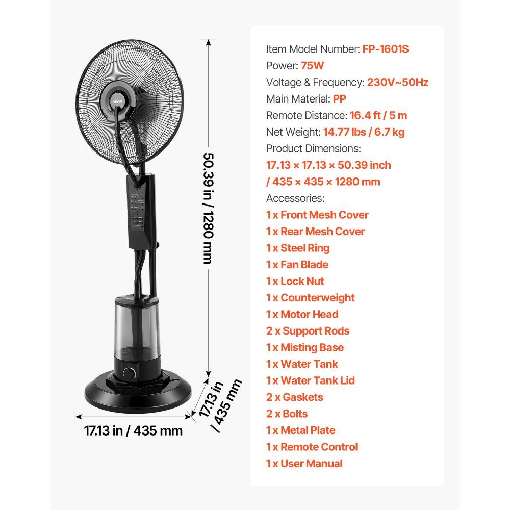 Standventilator mit Nebel, 75-W-Ventilator mit 3-Liter-Wassertank, 3 Windstufen, Timer und Fernbedienung, Luftbefeuchter mit Sprühsystem für Innen- und Außengarage, Terrasse, Wohnzimmer, 3 Modi