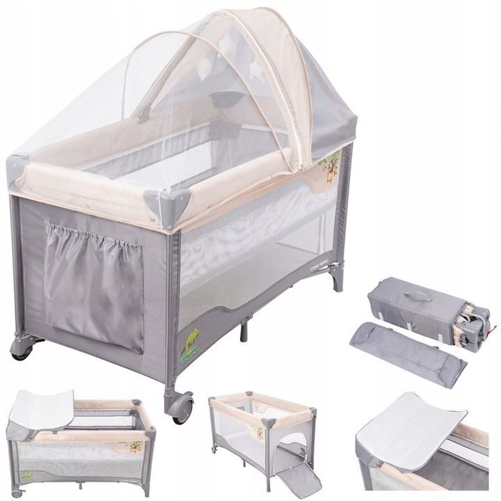 Children's travel cot system 68 x 128 cm, changing table, mosquito net, height adjustable