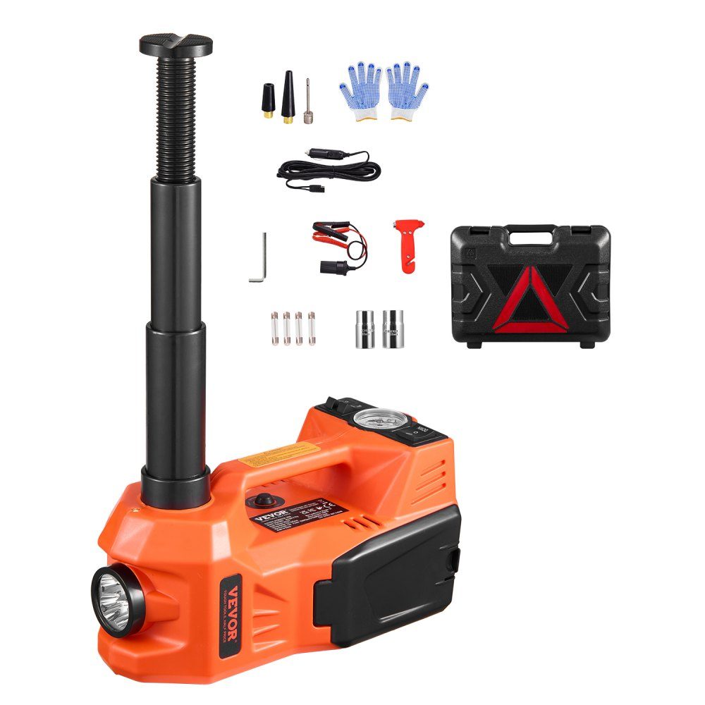 Cric électrique de voiture 5T avec pompe intégrée, changeur de pneu réglable 12 V de remplacement avec marteau de sécurité et lumière LED, ensemble de cric portable pour berline SUV camion