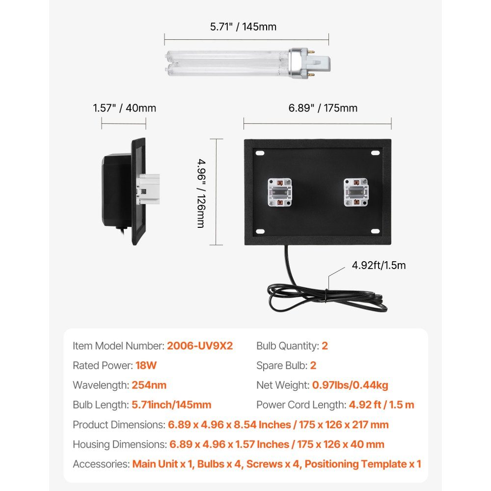 HVAC luchtreiniger voor het hele huis 18W 175 mm kanaal UV UVC licht voor airconditioner kanaalluchtwasser met 2 vervangingslampen HVAC UV-lampen luchtreiniger voor airconditioner