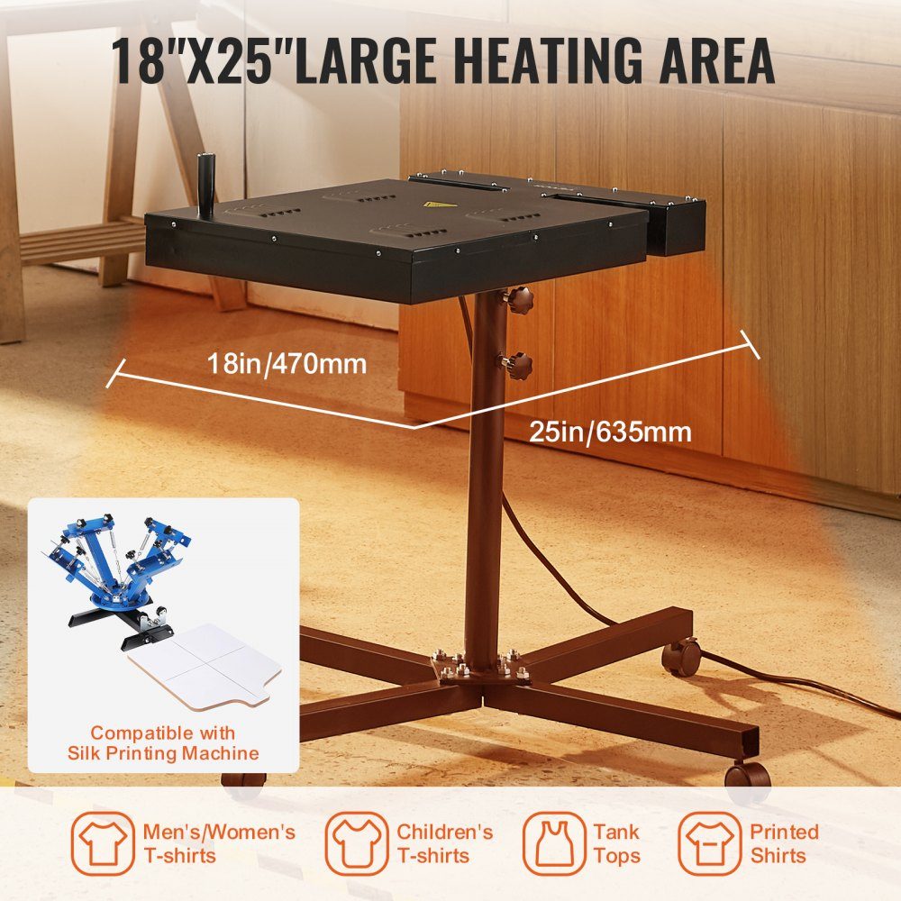 Flash Dryer 470x635mm Quick Dryer for Screen Printing Temperature Control 0-400°C Heavy Duty Screen Printing Dryer with Height Adjustable Stand 360° Rotation T-Shirt Curing Machine