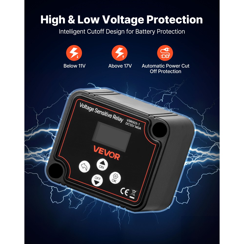 Dual Battery Isolator Relay Kit, 12V 140A 6m 13.3mm² (6AWG) VSR Voltage Sensitive Relay with Voltmeter LCD Screen Battery Isolator Switch Compatible with Lithium Batteries for UTV ATV