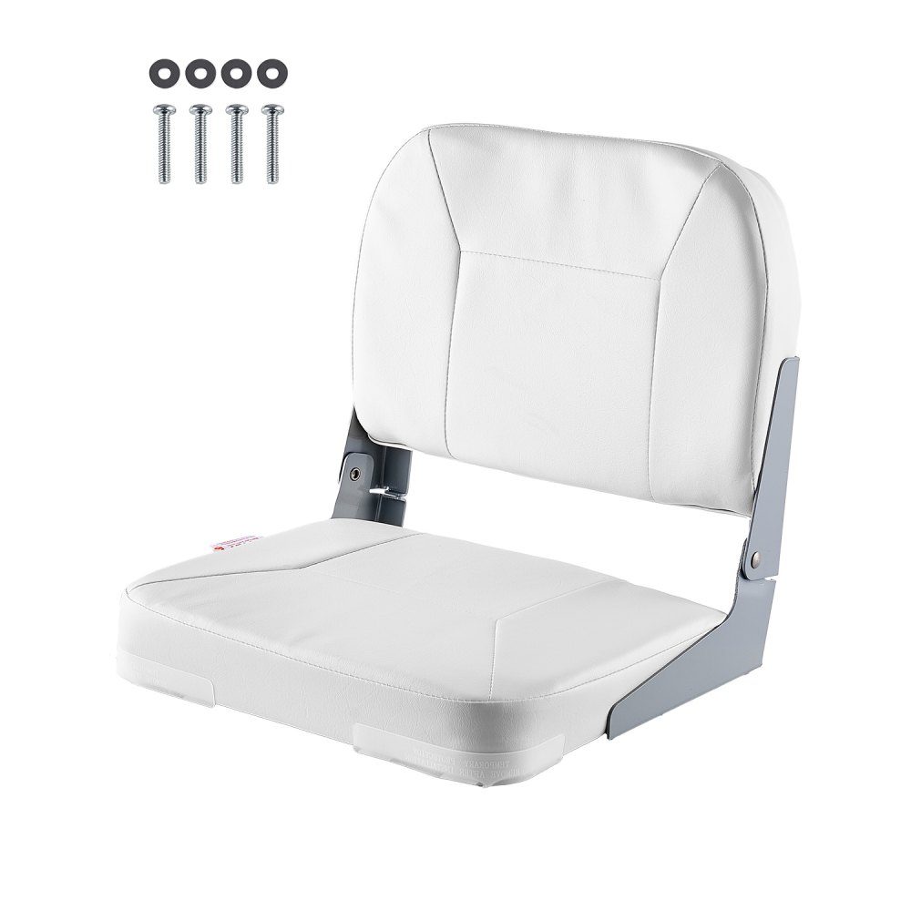 1 Piece Boat Seat Low Back Folding Fishing Boat Seat with Thick Sponge Cushion and Waterproof Hinges Made of PVC Leather and Aluminum Alloy for Yachts Boats White