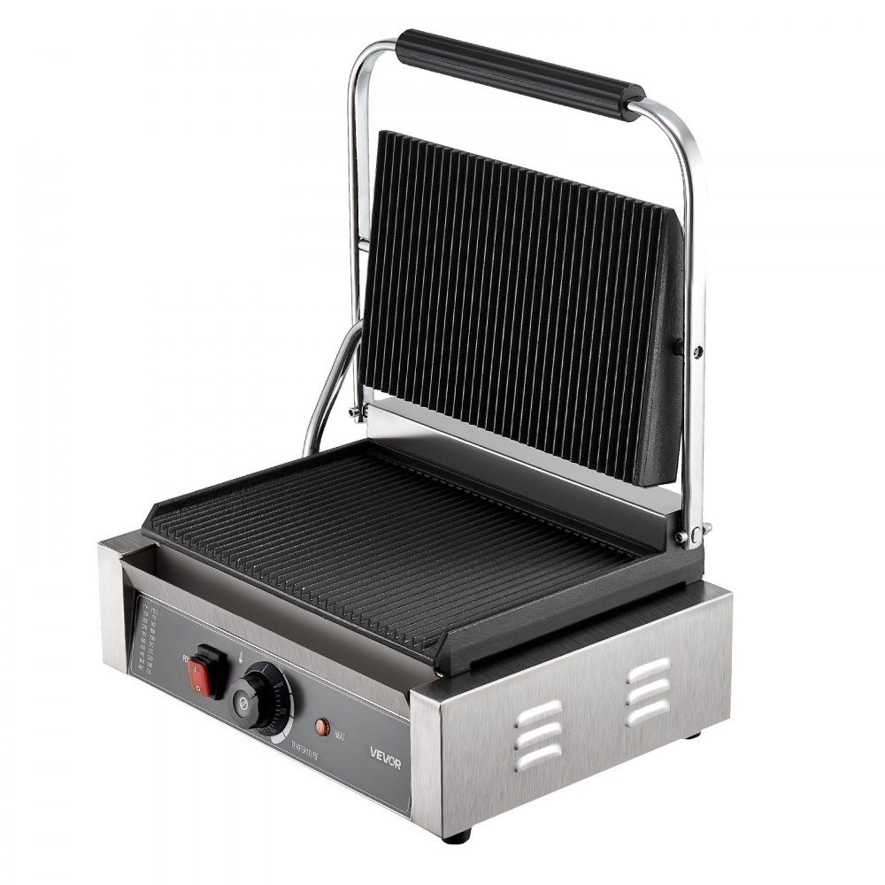 Commercial Panini Grill, Contact Grill 2200 W, for Sandwiches, Steak, Bacon, Hamburgers, Sandwich Maker, Stainless Steel Press Grill with Handle & Temperature Controller & 34 x 23 cm Heating Plate, Panini Press