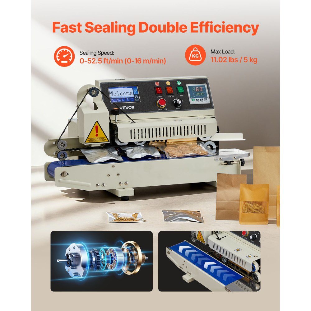 Continuous sealing machine, 6-12mm sealing width, horizontal, with ink printing, sealing machine, temperature and speed adjustable, for 0.03-0.8mm plastic bags