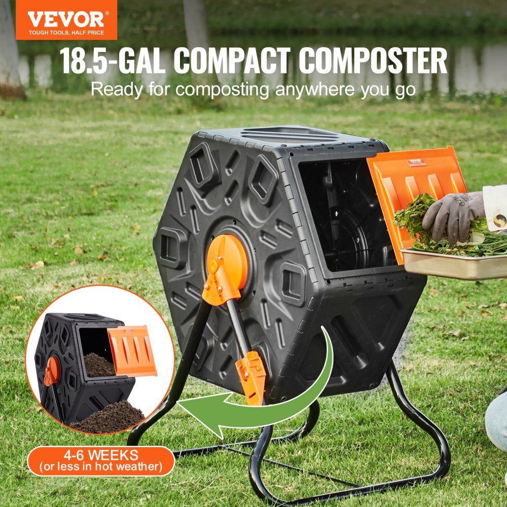 Trommelcomposter Tumbler 70 L, trommelcomposter 360° draaibaar Multifunctionele trommelcomposter 605 x 510 x 730 mm, 20 kg Robuuste tuincomposter incl. handschoenen