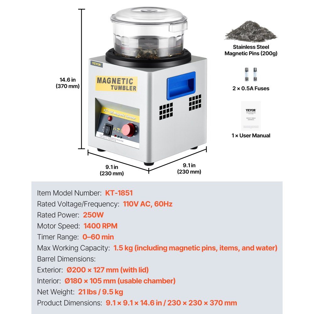 Mini KT-185 Magnetic Cup 180mm, Jewelry Polishing Machine and Finisher Machine with Good Time Function, Fast Processing Speed ​​for Light Metals, Non-Ferrous Metals, 2000RPM