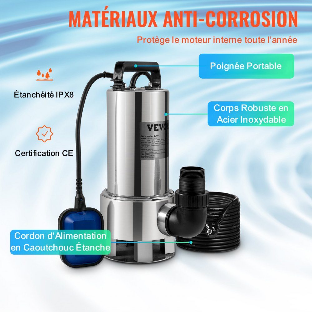 Pompe à eau submersible, 1300 W, 20000 l/h, avec câble de 10 m et interrupteur à flotteur automatique, en acier inoxydable et en fonte pour bassins de jardin, piscines, bains à remous sales ou propres et vides – Réf. HT-24527