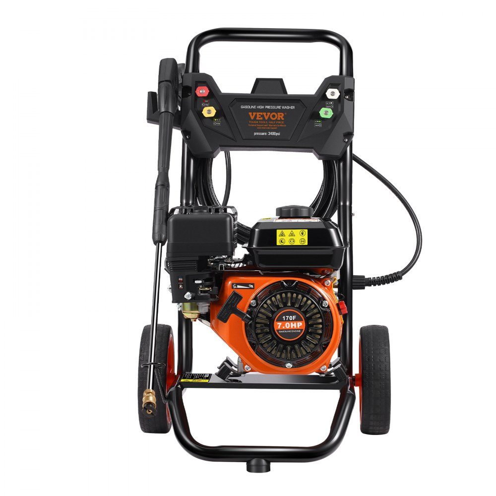 Benzin-Hochdruckreiniger 3400 PSI 2,6 GPM Terrassenreiniger 10 l/min mit Aluminiumpumpe, Druckpistole und Verlängerungsstab, 5-Düsen-Set, für Autos, Zäune, Häuser, Terrassen, vertikal