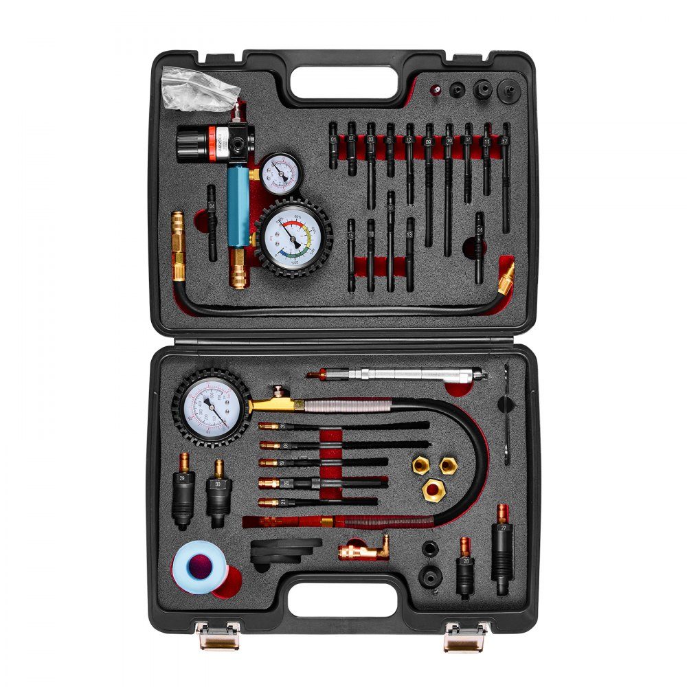 Engine Cylinder Pressure Loss Tester, Pressure Gauge (0-700psi), Leakage Gauge (0-100psi), Cylinder Pressure Tester with 4 Adapters, Automotive Compression Test Kit, Pressure Test and Leak Rate Measurement