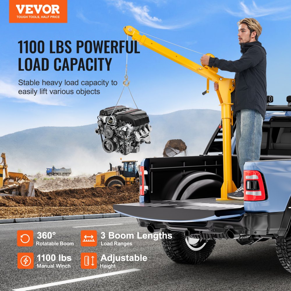 Pick-up kraan, draagvermogen 499 kg, opvouwbare vrachtwagenkraan met lier van 499 kg, laadkraan van staal, werkplaatskraan 360° draaibaar, hijskraan voor het hijsen van goederen op de bouwplaats, in de fabriek Pick-up kraan, draagvermogen 499 kg, opvouwbare vrachtwagenkraan met lier van 499 kg, laadkraan van staal, werkplaatskraan 360° draaibaar, hijskraan voor het hijsen van goederen op de bouwplaats, in de fabriek