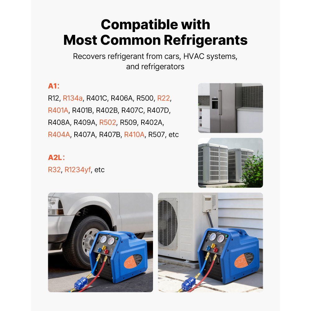 Refrigerant extraction device Portable refrigerant extraction station, 220V/50Hz 1450 rpm. 3/4 HP with single cylinder extraction system for refrigerants A1 and A2L, recovery device for vehicle and home air conditioning systems