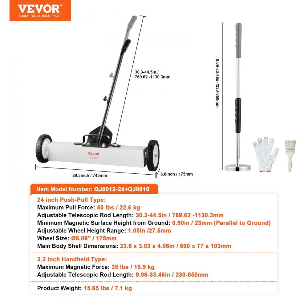24 Inch Wheeled Magnetic Sweeper, 50 Pound Capacity, with Extendable Magnetic Pickup Tool, Adjustable Handle, Magnetic Pickup Sweeper for Picking Up Nails and Screws, for Workshop, Garage, Yard