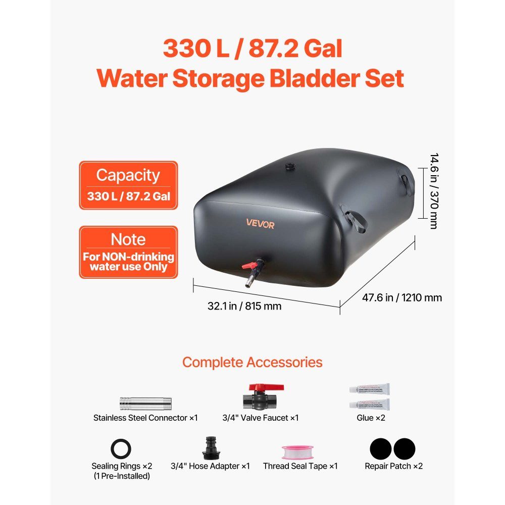 Wasserspeicherblase, 330 l Wasserbeutel mit Wasserhahn, faltbarer und tragbarer Wasserbeutel aus 1000D PVC, Wasserspeicher für Bewässerungssystem, Dürreresistenz und Katastrophen, Schwarz