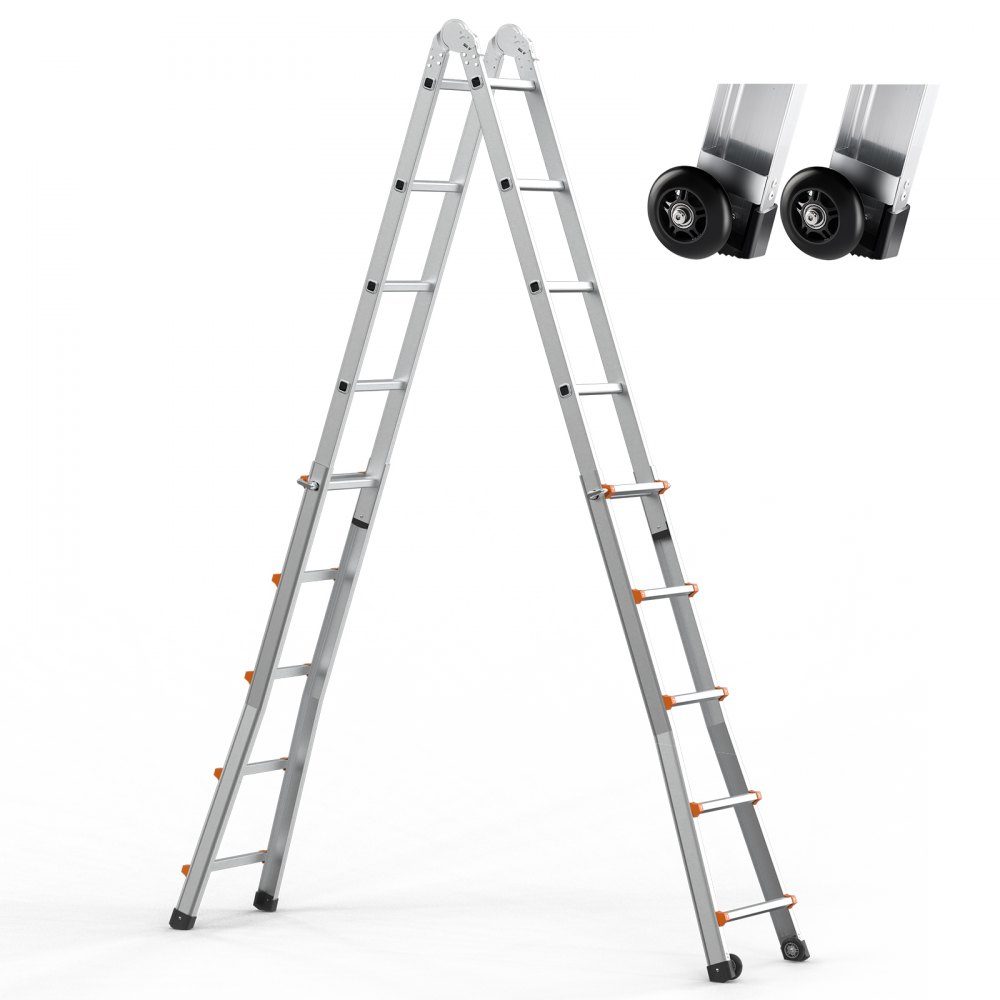 Telescopic A-Frame Ladder 5120mm Compact Aluminum Extension Ladder Multifunctional Folding RV Ladder for Homework Stairs Indoor Outdoor Roofs 150kg Load Capacity