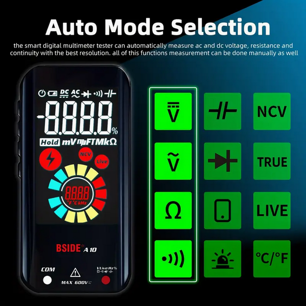 Intelligent Digital Multimeter - Rechargeable Smart Tester with 6000 Counts, Autoranging, Voltage, Capacitance, Diode, Ohm, Hz, Duty Cycle, V Alarm and Live Check