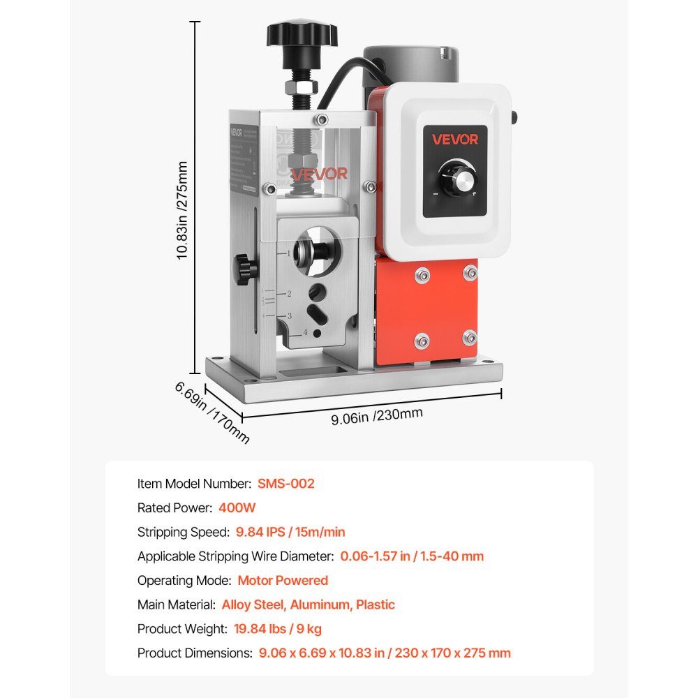 Machine à dénuder les fils électriques 1,5-40 mm 400 W Dénudeur de câble motorisé 9,84 IPS (15 m/min) Éplucheur de fil avec lames, rouleaux en forme de V, ventilateur de refroidissement, machine à éplucher les câbles