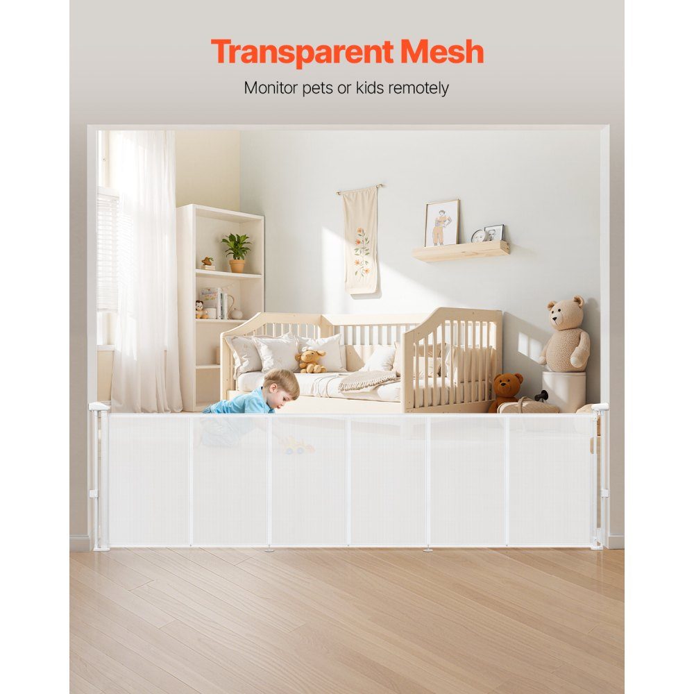 Extendable baby gate, dog gate, extendable to 280 cm wide / 87 cm high, pet gate, protective gate made of mesh material for indoor stairs, doors, hallways, playrooms, stair gates, white