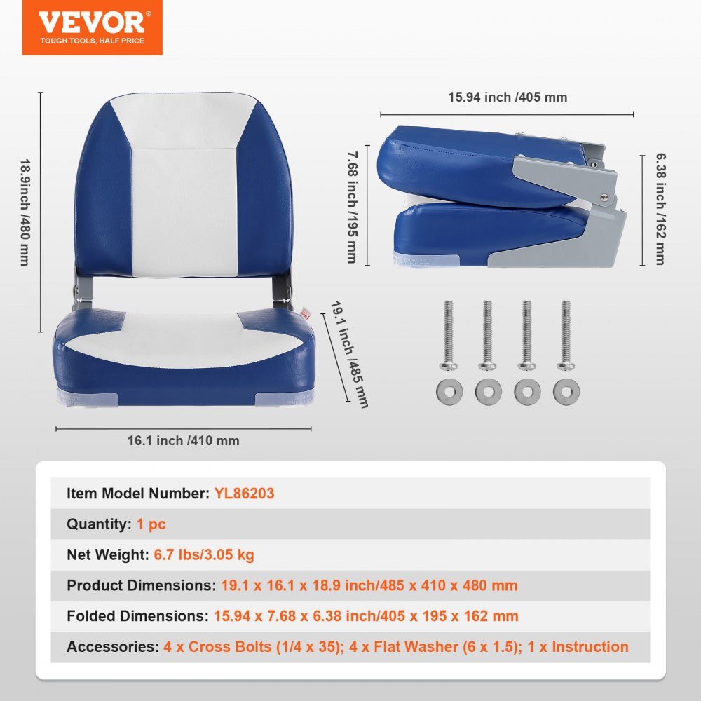 Boat Seat 48cm Low Back Boat Chair Folding Boat Chair with Thickened Sponge Padding and Hinge Fold Down Boat Captain Chair for Fishing Boat Touring Boat