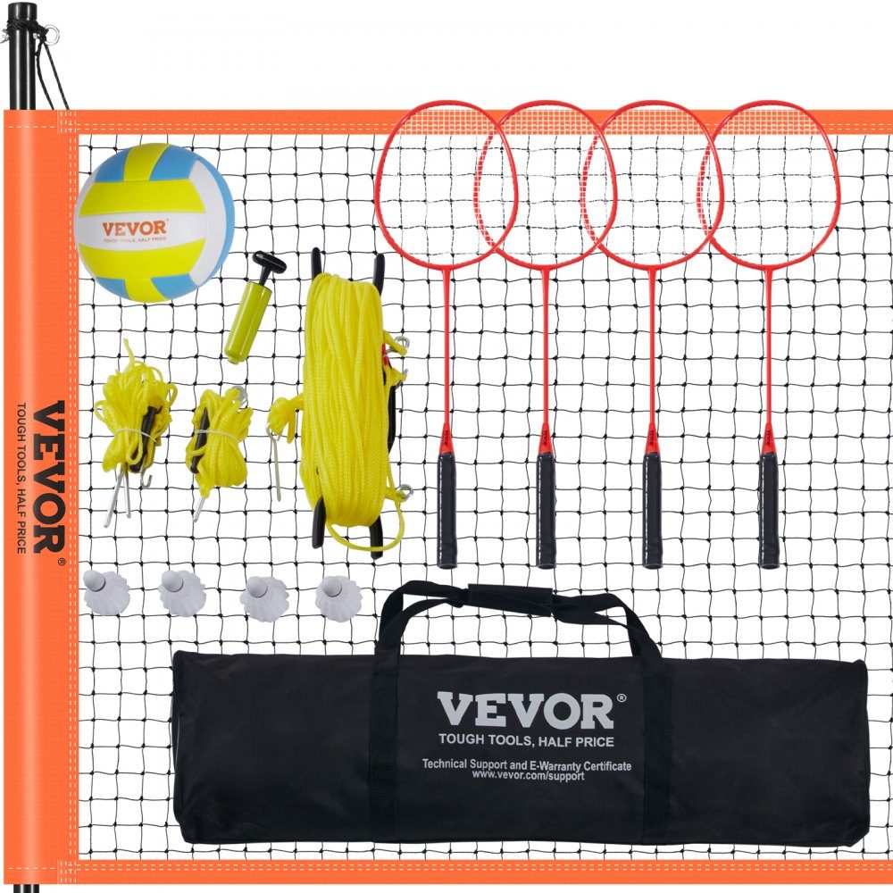 Volleybalnet, in hoogte verstelbaar badmintonnet, 36" x 370" draagbaar strandvolleybalnet, oranje volleybalnet, opvouwbaar volleybalnet met volleybal, draagtas en badmintonracket
