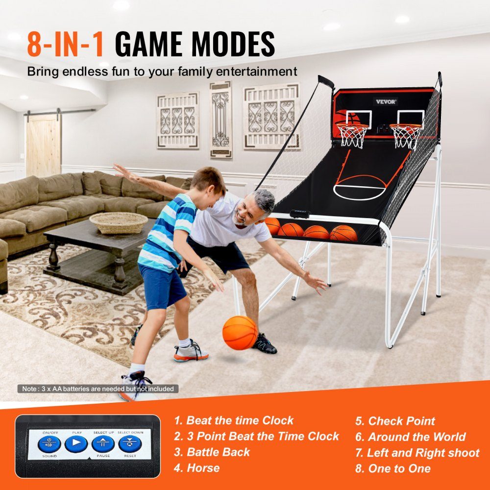 Jeu de basket-ball en salle de 2,05 m pour 2 joueurs, machine de basket-ball, support de ballon de basket-ball avec 4 balles, 8 modes de jeu et 2 cerceaux de basket-ball, tableau de bord et pompe de gonflage, pour enfants et adultes