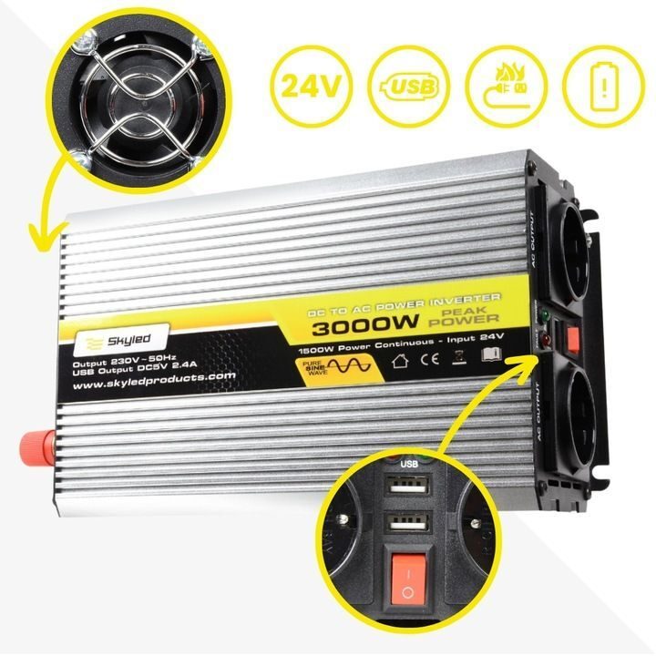 PRZETWORNIK 1500W CIĄGŁA / 3000W CHWILOWA, PEŁNY SINUS 24V 230V