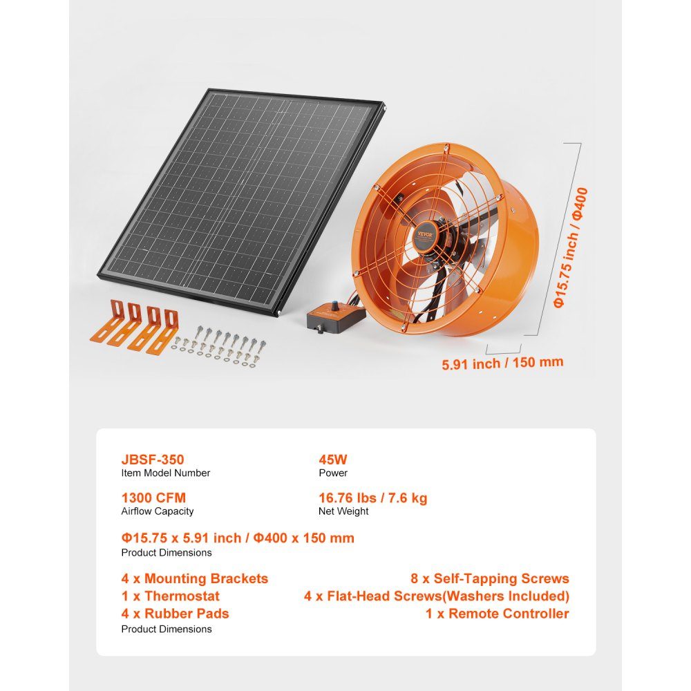 Ventilateur Solaire 400x150mm Ventilateur d'extraction de Grenier à énergie Solaire avec Thermostat réglable Grille extérieure Capacité de débit d'air de 1300CFM pour Atelier de Garage à Toit à Pignon – Réf. HT-22828