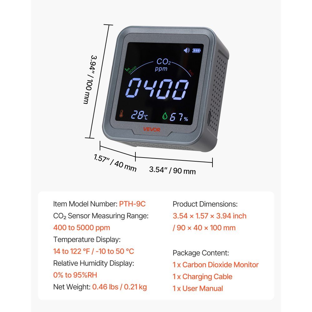 CO2 Detector, CO2 Monitor with Temperature and Humidity Display, NDIR Sensor, Carbon Dioxide Meter, Wall Mounted CO2 Alarm for Home Office Car Outdoor